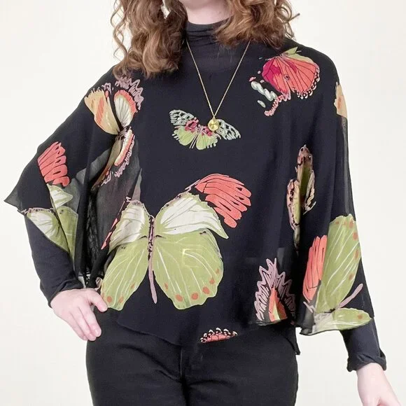 Vintage 90s Y2K Silk Poncho Top Sheer Butterfly Print Whimsical Blouse Tunic 00s - Picture 4 of 6